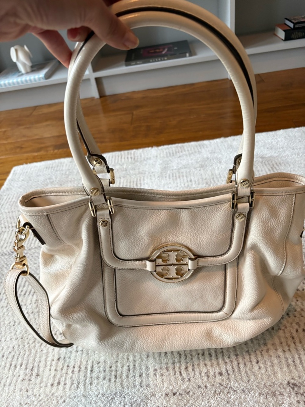 Tory Burch Cream Leather Shoulder Tote with Gold Logo